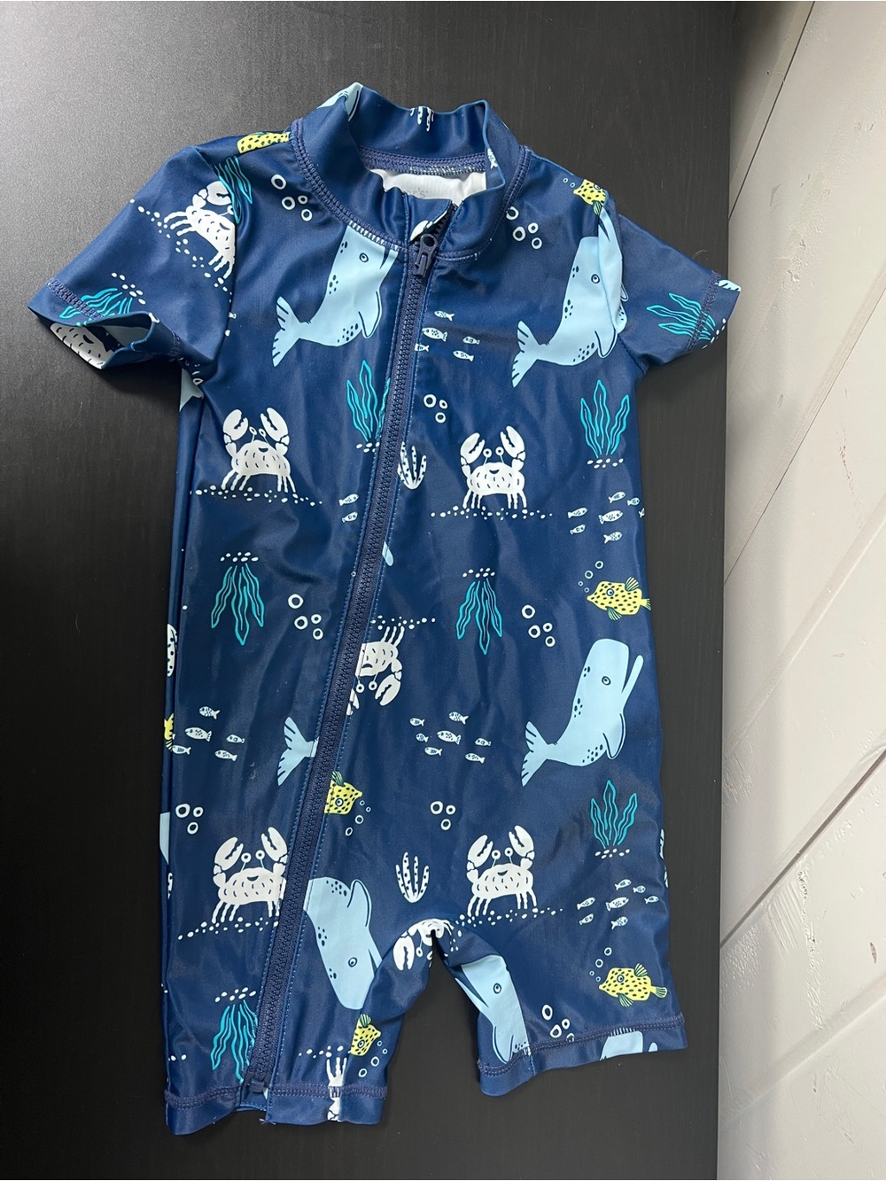 Carter's Navy and White Zip-Front Swim Romper with Sea Prints 18 Months